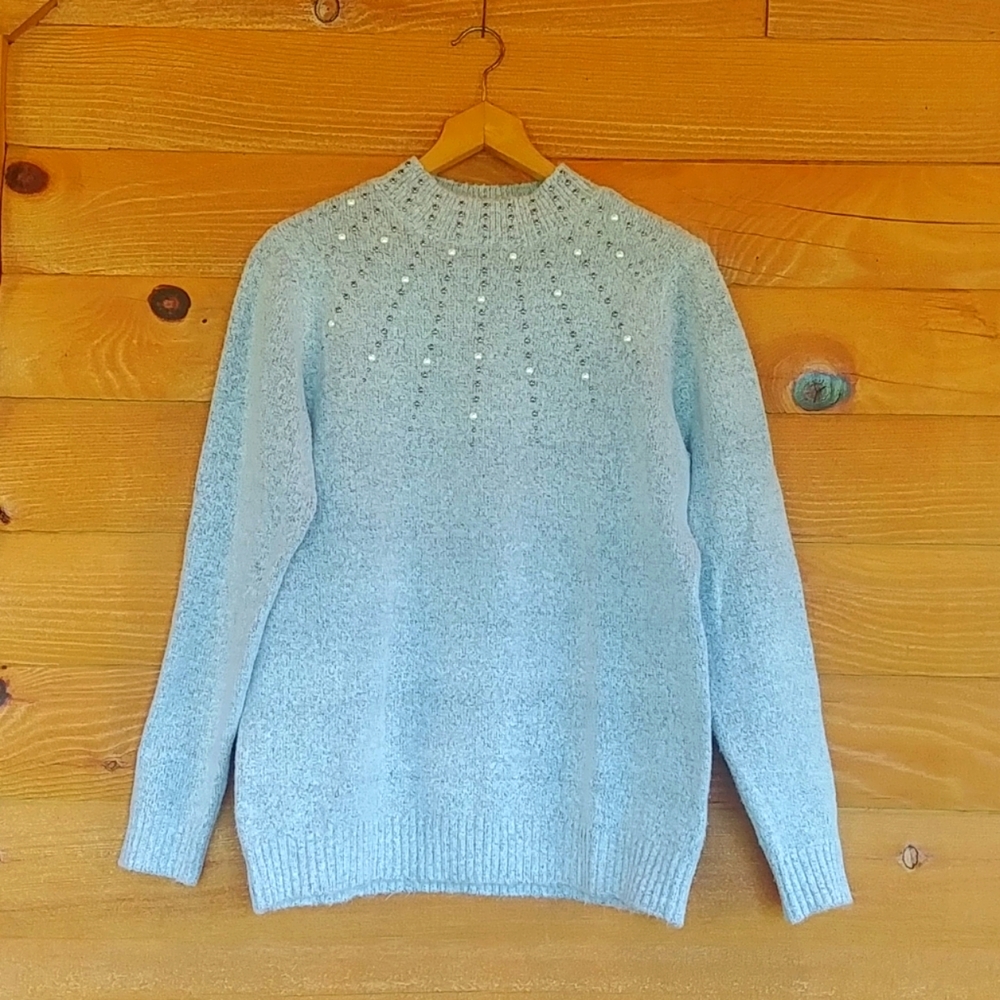 Gray sweater with pearl neck detailing